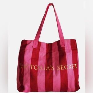 Oversized Victoria’s Secret Logo Canvas Tote weekend travel bag pink sripes